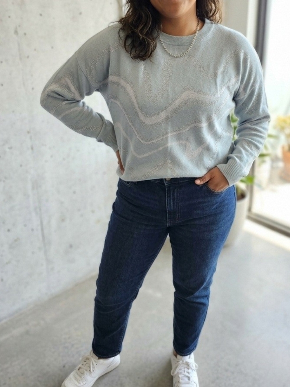 a new day Light Blue Wave Pattern Crewneck Sweater